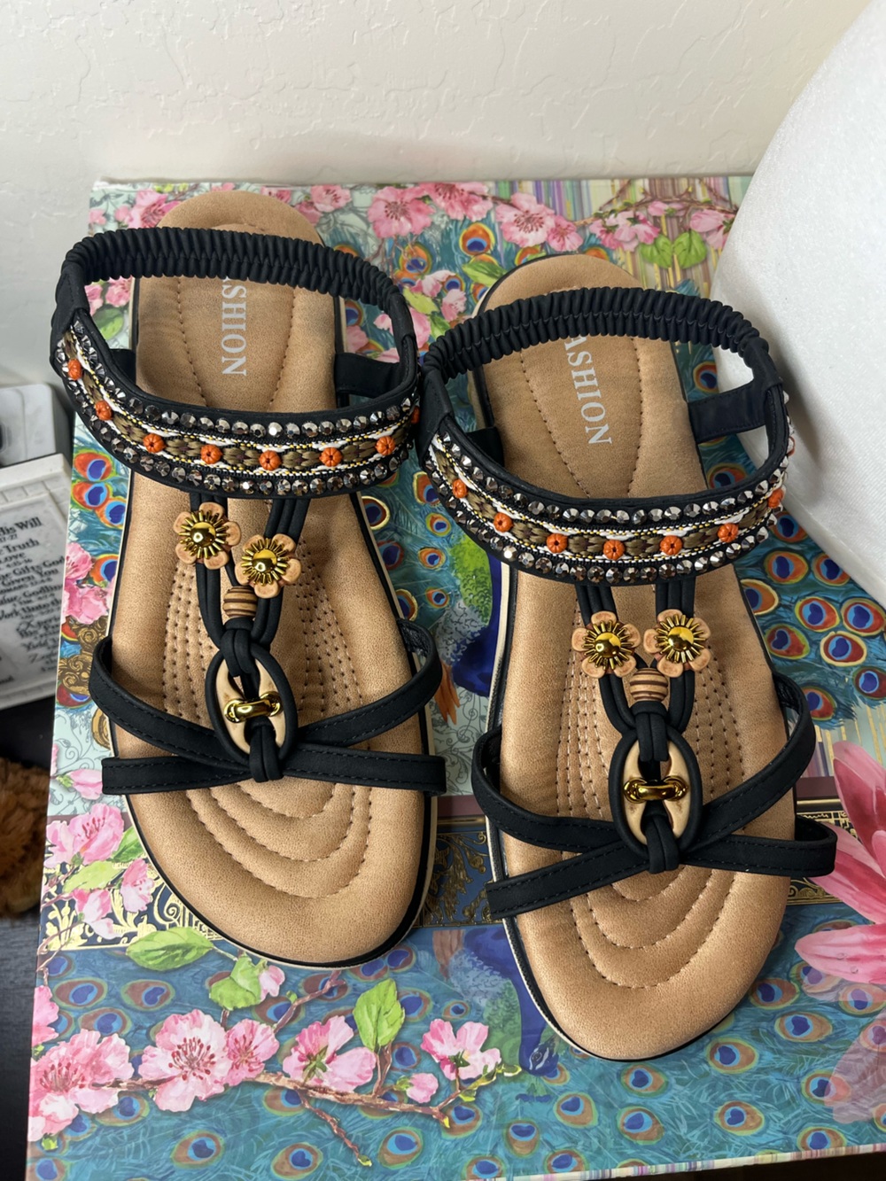 Boho Beaded Embellished Elastic Ankle Strap Sandals Women’s Size 8.5
